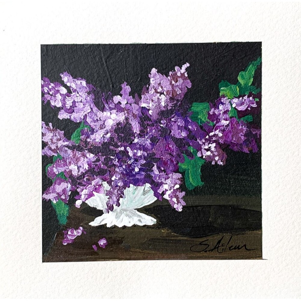 Original Painting Purple Lilac Flowers Floral Dark Background Signed 5x5" Acylic
